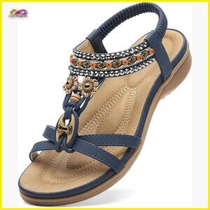 Boho T-Strap Flat Sandals Arch Support Elastic Straps Bohemian Flip Flops